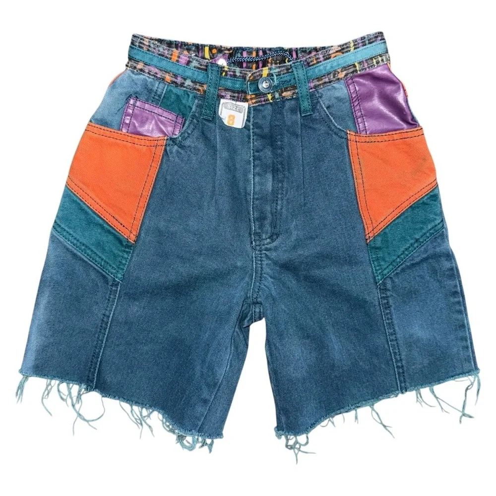 VTG 80 90s Major Damage Patchwork Denim Shorts Sz 22 Rare Y2K Hip Hop Streetwear